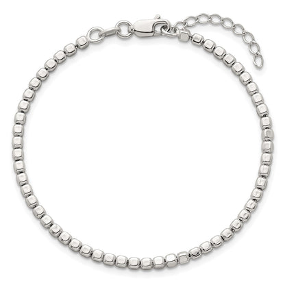 Sterling Silver Polished and Square Beaded 7in w/1in Ext. Bracelet