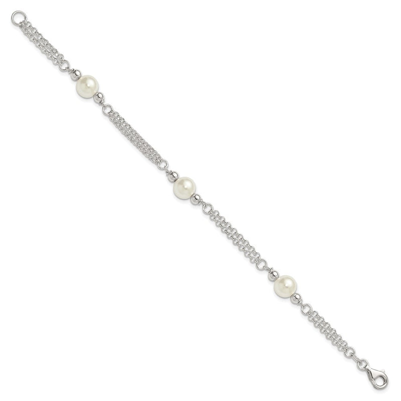Sterling Silver Polished 2-Strand Glass Pearl Bracelet