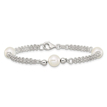 Sterling Silver Polished 2-Strand Glass Pearl Bracelet