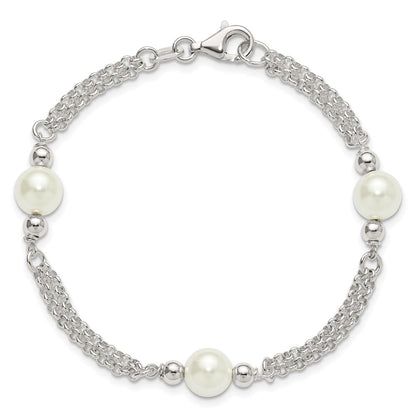Sterling Silver Polished 2-Strand Glass Pearl Bracelet