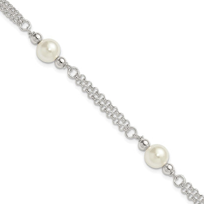 Sterling Silver Polished 2-Strand Glass Pearl Bracelet