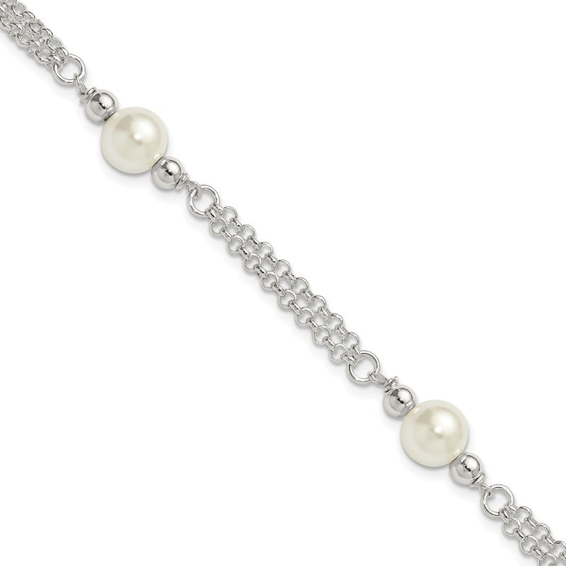 Sterling Silver Polished 2-Strand Glass Pearl Bracelet