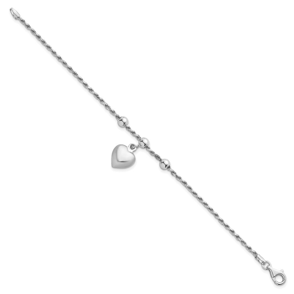 Sterling Silver Rhodium-Plated Bead W/ Heart Bracelet