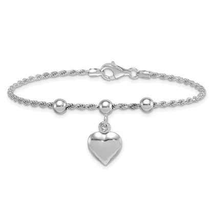 Sterling Silver Rhodium-Plated Bead W/ Heart Bracelet