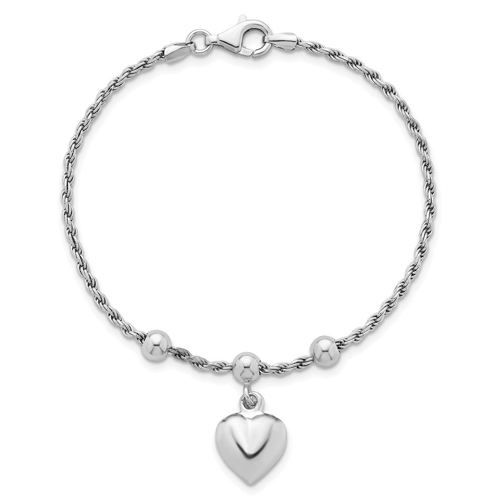 Sterling Silver Rhodium-Plated Bead W/ Heart Bracelet