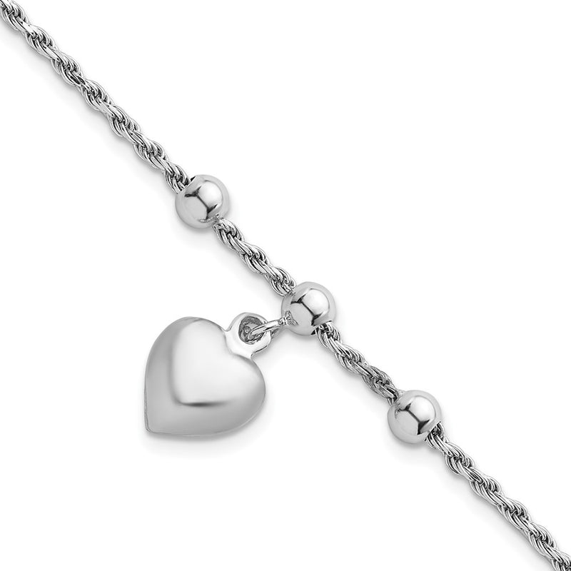 Sterling Silver Rhodium-Plated Bead W/ Heart Bracelet