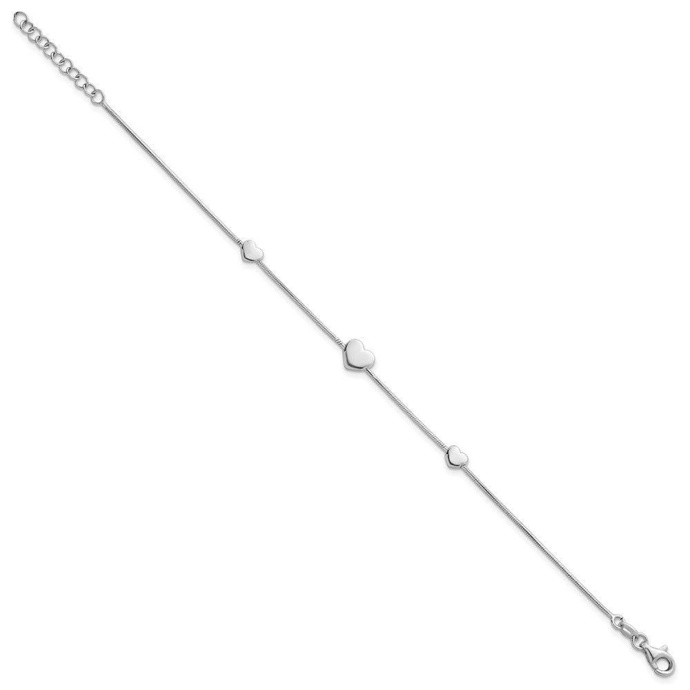 Sterling Silver Rhodium-Plated Hearts 7in w/1in Ext. Bracelet