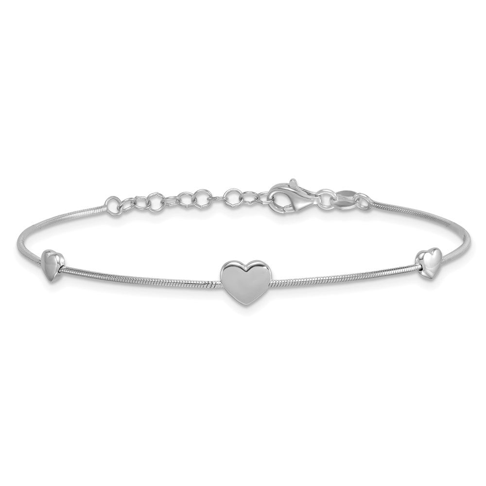 Sterling Silver Rhodium-Plated Hearts 7in w/1in Ext. Bracelet