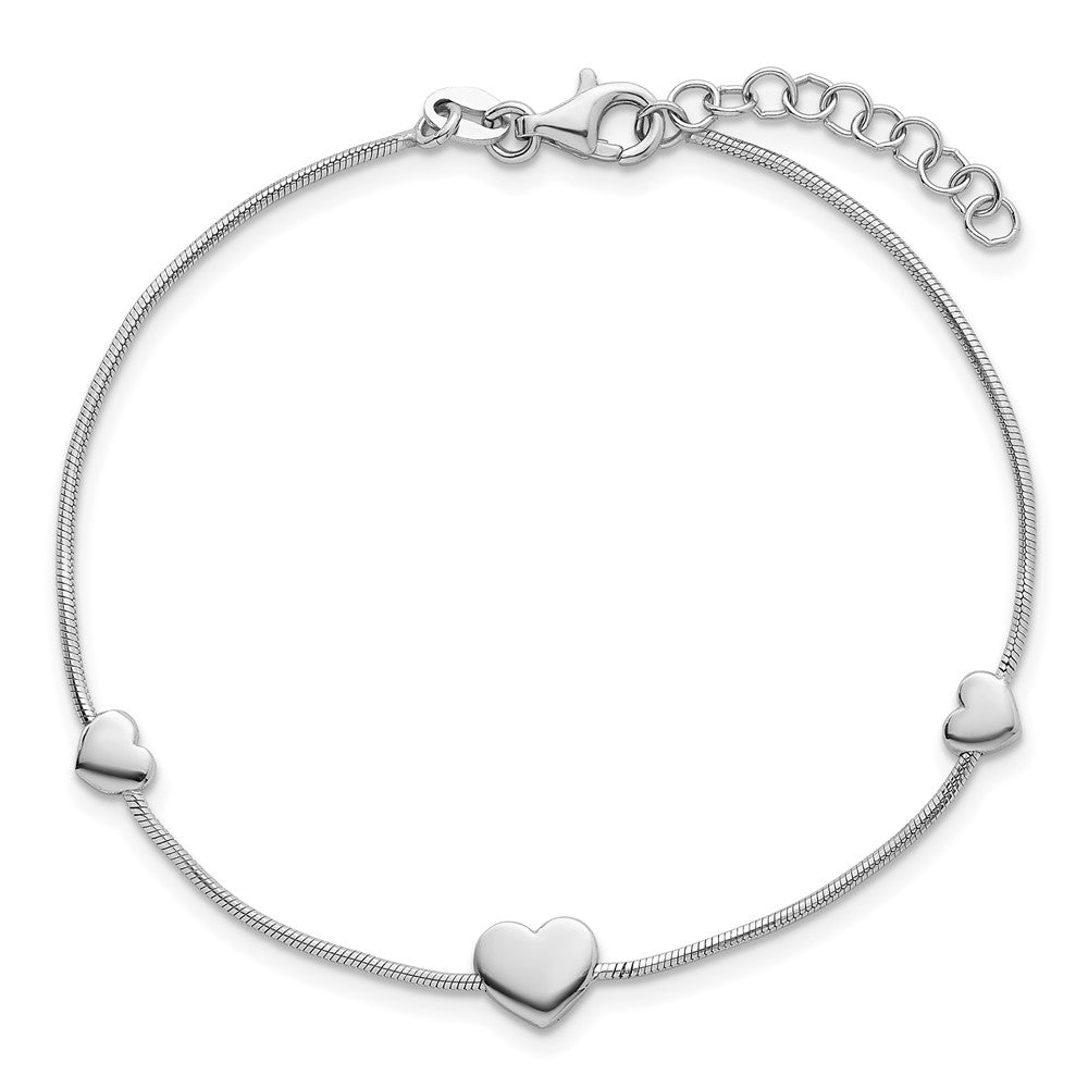 Sterling Silver Rhodium-Plated Hearts 7in w/1in Ext. Bracelet