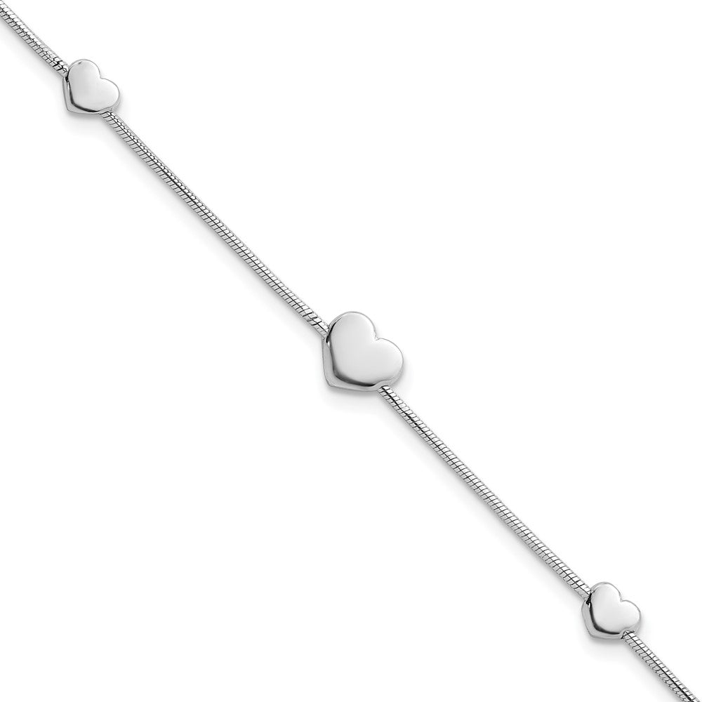 Sterling Silver Rhodium-Plated Hearts 7in w/1in Ext. Bracelet
