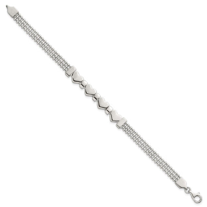 Sterling Silver Polished and Beaded Hearts 7.25 Inch Bracelet