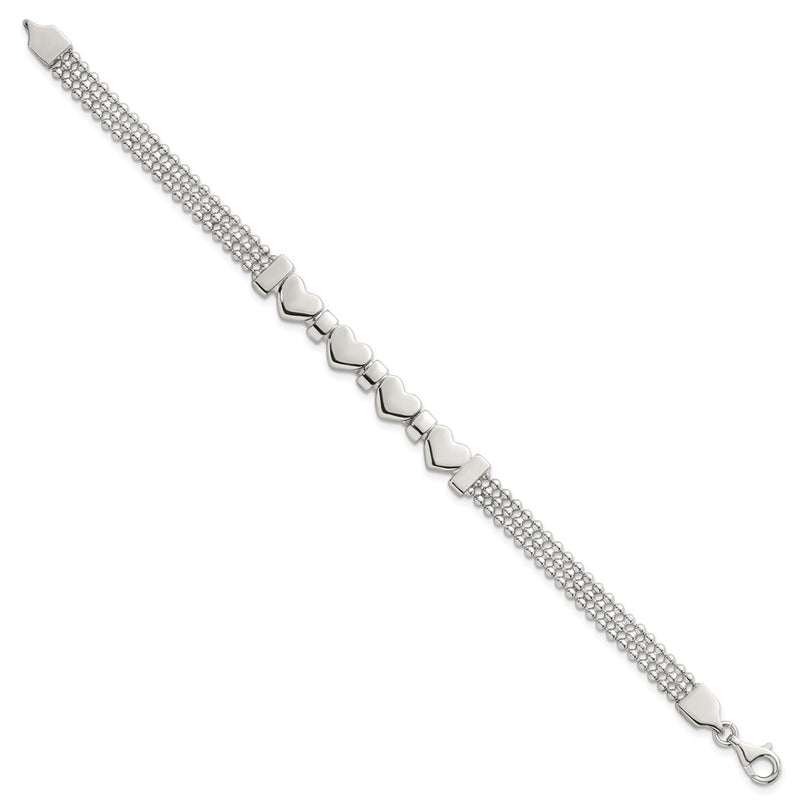 Sterling Silver Polished and Beaded Hearts 7.25 Inch Bracelet
