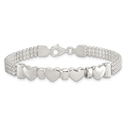 Sterling Silver Polished and Beaded Hearts 7.25 Inch Bracelet