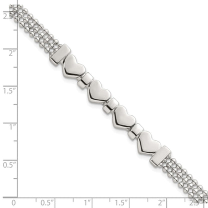 Sterling Silver Polished and Beaded Hearts 7.25 Inch Bracelet