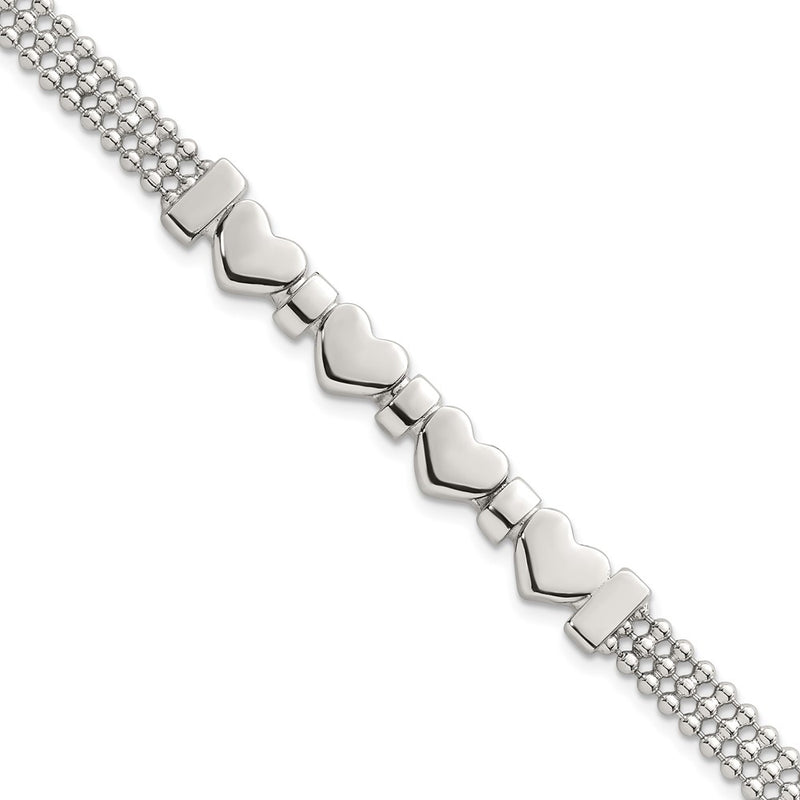 Sterling Silver Polished and Beaded Hearts 7.25 Inch Bracelet