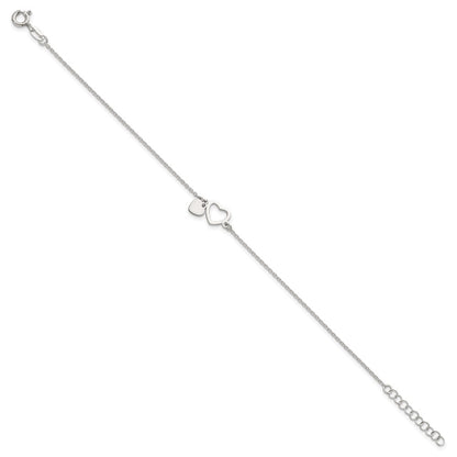 Sterling Silver Polished Double Heart w/1in Ext Bracelet