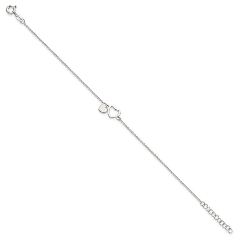 Sterling Silver Polished Double Heart w/1in Ext Bracelet