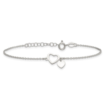 Sterling Silver Polished Double Heart w/1in Ext Bracelet