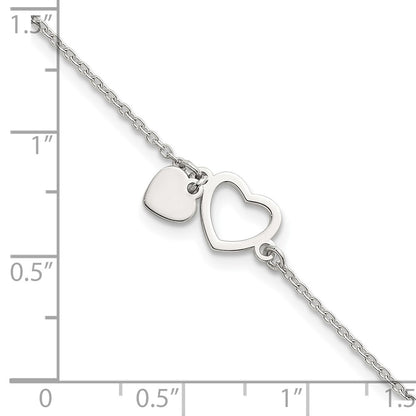 Sterling Silver Polished Double Heart w/1in Ext Bracelet