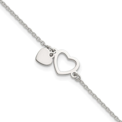 Sterling Silver Polished Double Heart w/1in Ext Bracelet