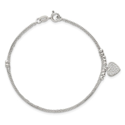 Sterling Silver Polished and Beaded CZ Heart 2-Strand Bracelet
