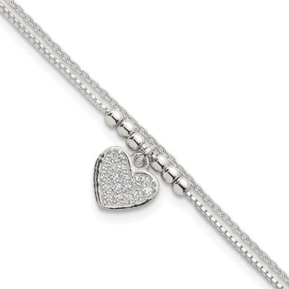 Sterling Silver Polished and Beaded CZ Heart 2-Strand Bracelet