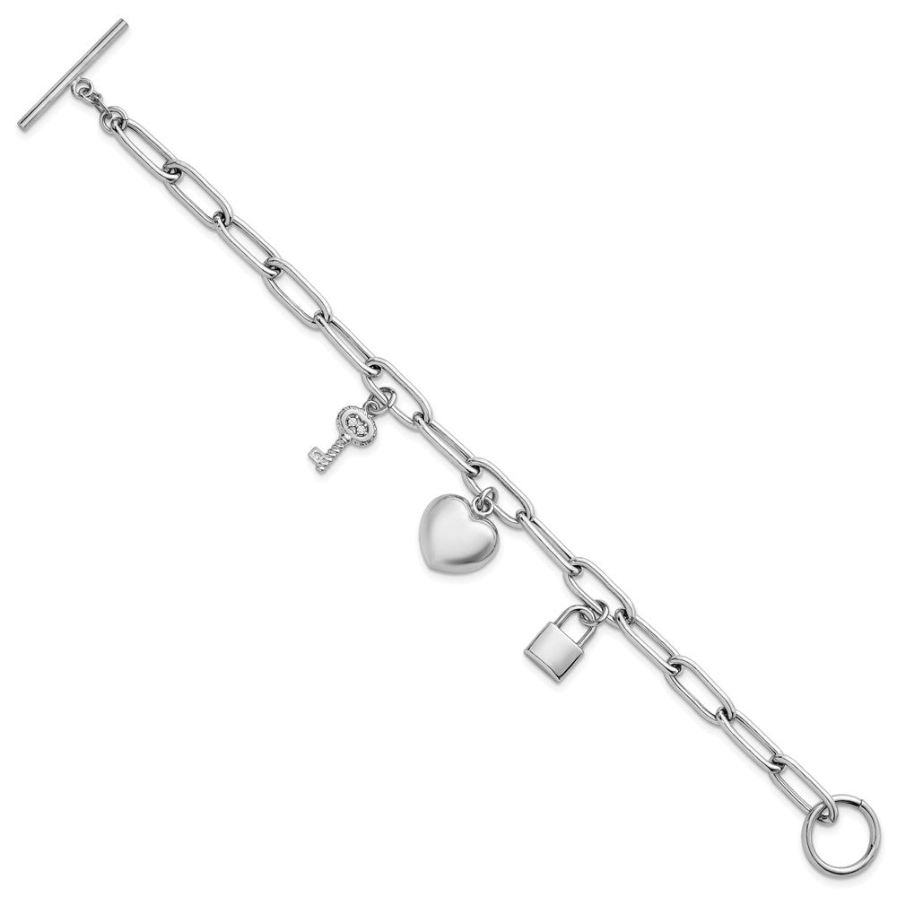 Sterling Silver Rh-Pl Heart Lock and Key CZ Paperclip 7.5in Bracelet