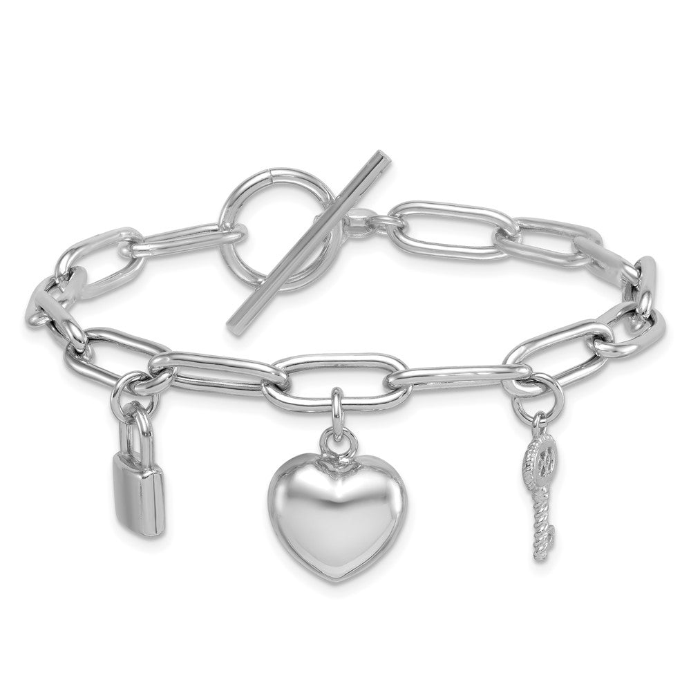 Sterling Silver Rh-Pl Heart Lock and Key CZ Paperclip 7.5in Bracelet