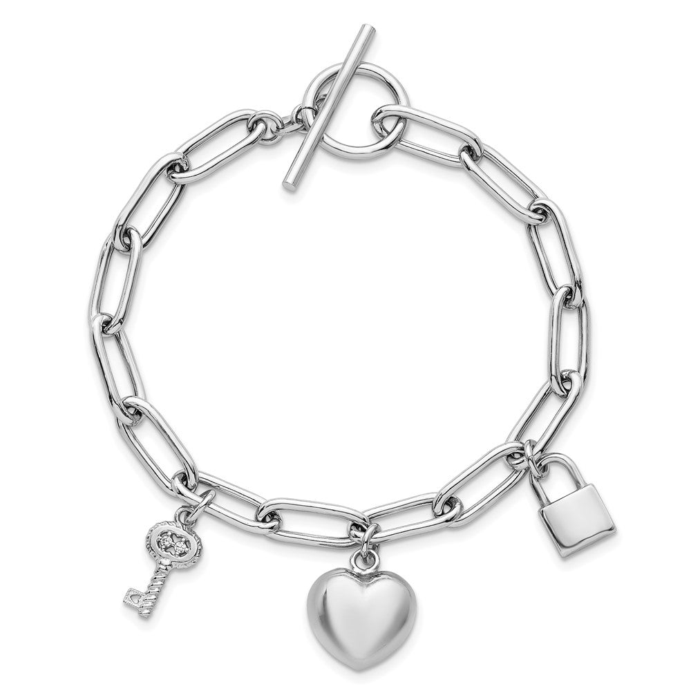 Sterling Silver Rh-Pl Heart Lock and Key CZ Paperclip 7.5in Bracelet