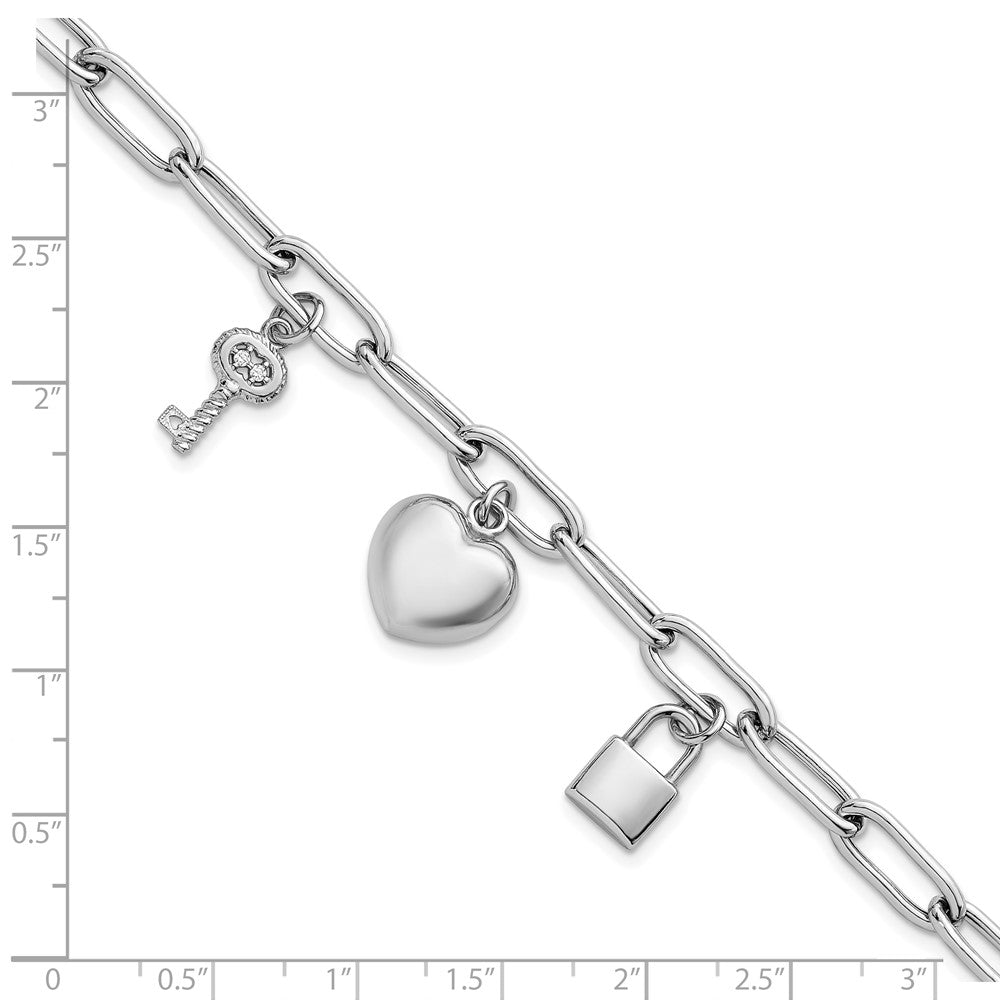 Sterling Silver Rh-Pl Heart Lock and Key CZ Paperclip 7.5in Bracelet