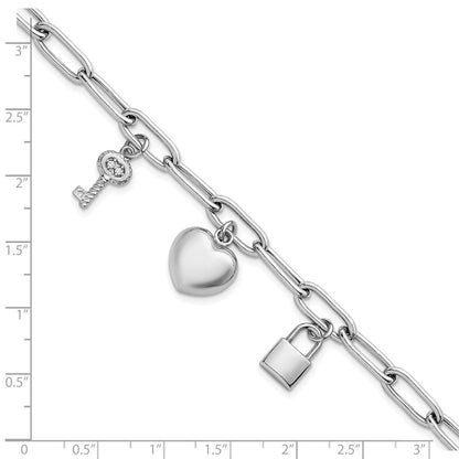 Sterling Silver Rh-Pl Heart Lock and Key CZ Paperclip 7.5in Bracelet