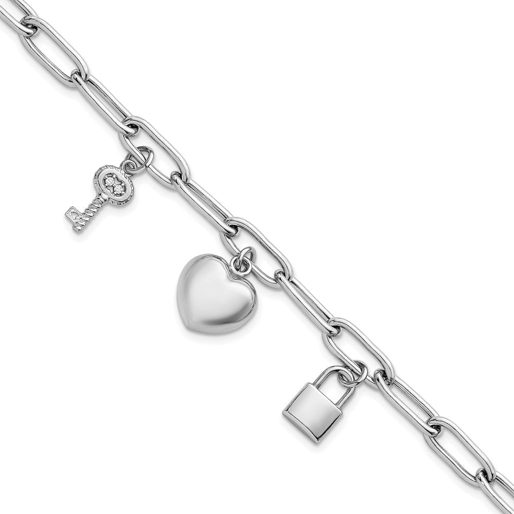 Sterling Silver Rh-Pl Heart Lock and Key CZ Paperclip 7.5in Bracelet