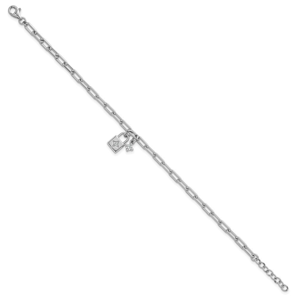 Sterling Silver Rhodium-Plated Polished CZ Lock w/.75in Ext Bracelet