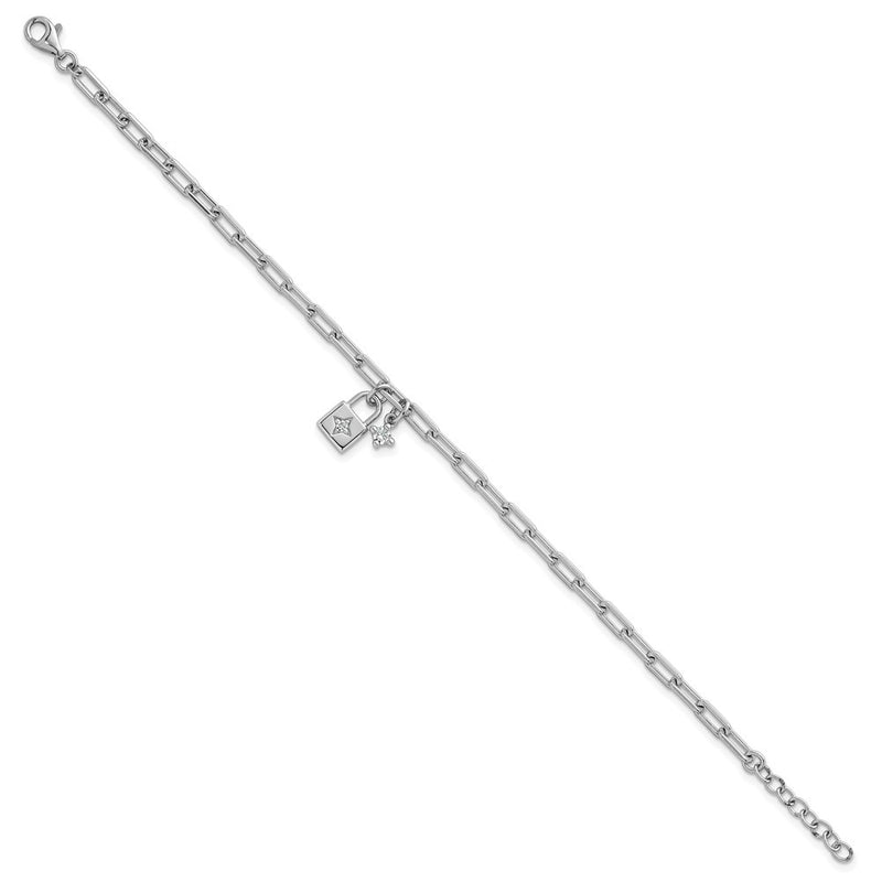 Sterling Silver Rhodium-Plated Polished CZ Lock w/.75in Ext Bracelet