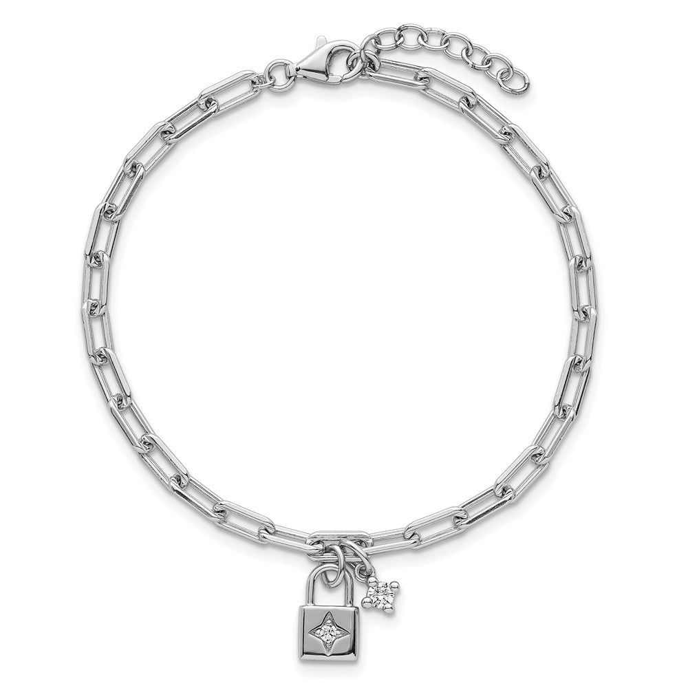 Sterling Silver Rhodium-Plated Polished CZ Lock w/.75in Ext Bracelet