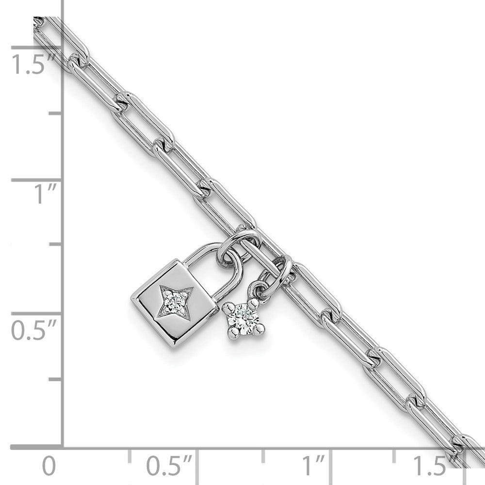 Sterling Silver Rhodium-Plated Polished CZ Lock w/.75in Ext Bracelet