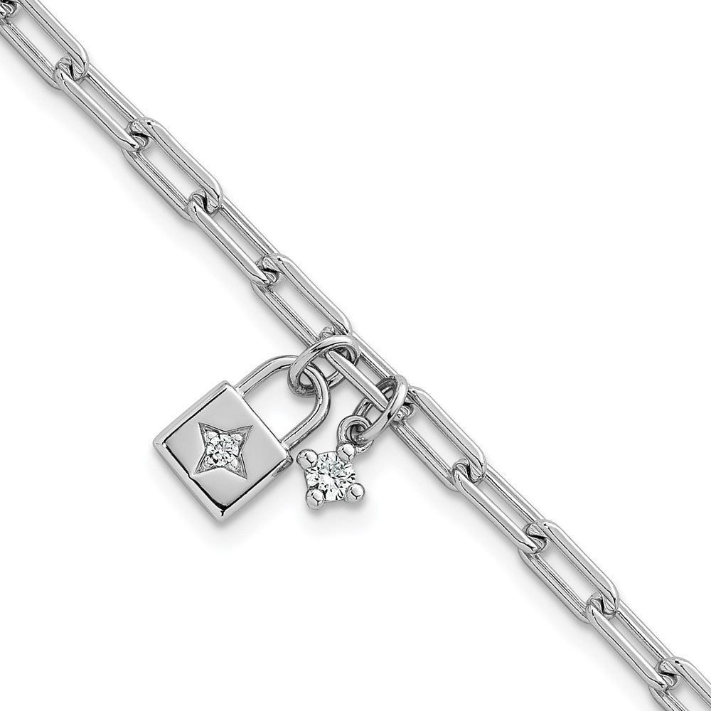 Sterling Silver Rhodium-Plated Polished CZ Lock w/.75in Ext Bracelet