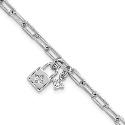 Sterling Silver Rhodium-Plated Polished CZ Lock w/.75in Ext Bracelet