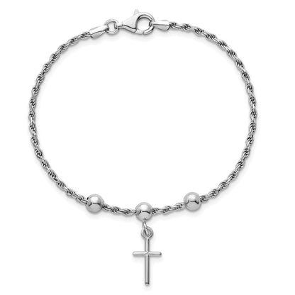 Sterling Silver Rhodium-Plated Bead with Cross Bracelet