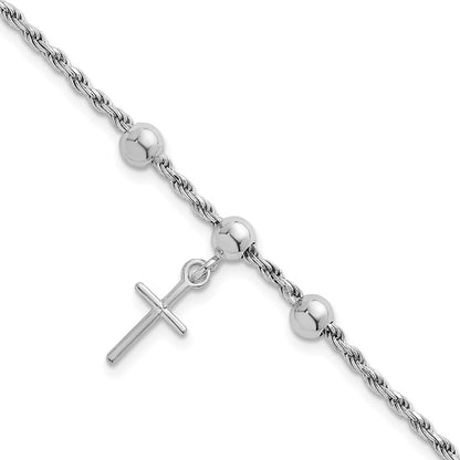 Sterling Silver Rhodium-Plated Bead with Cross Bracelet