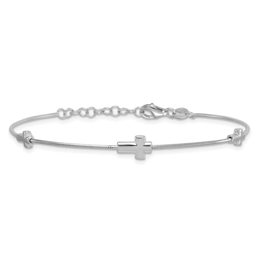 Sterling Silver Rhodium-Plated Crosses 7in w/1in Ext. Bracelet