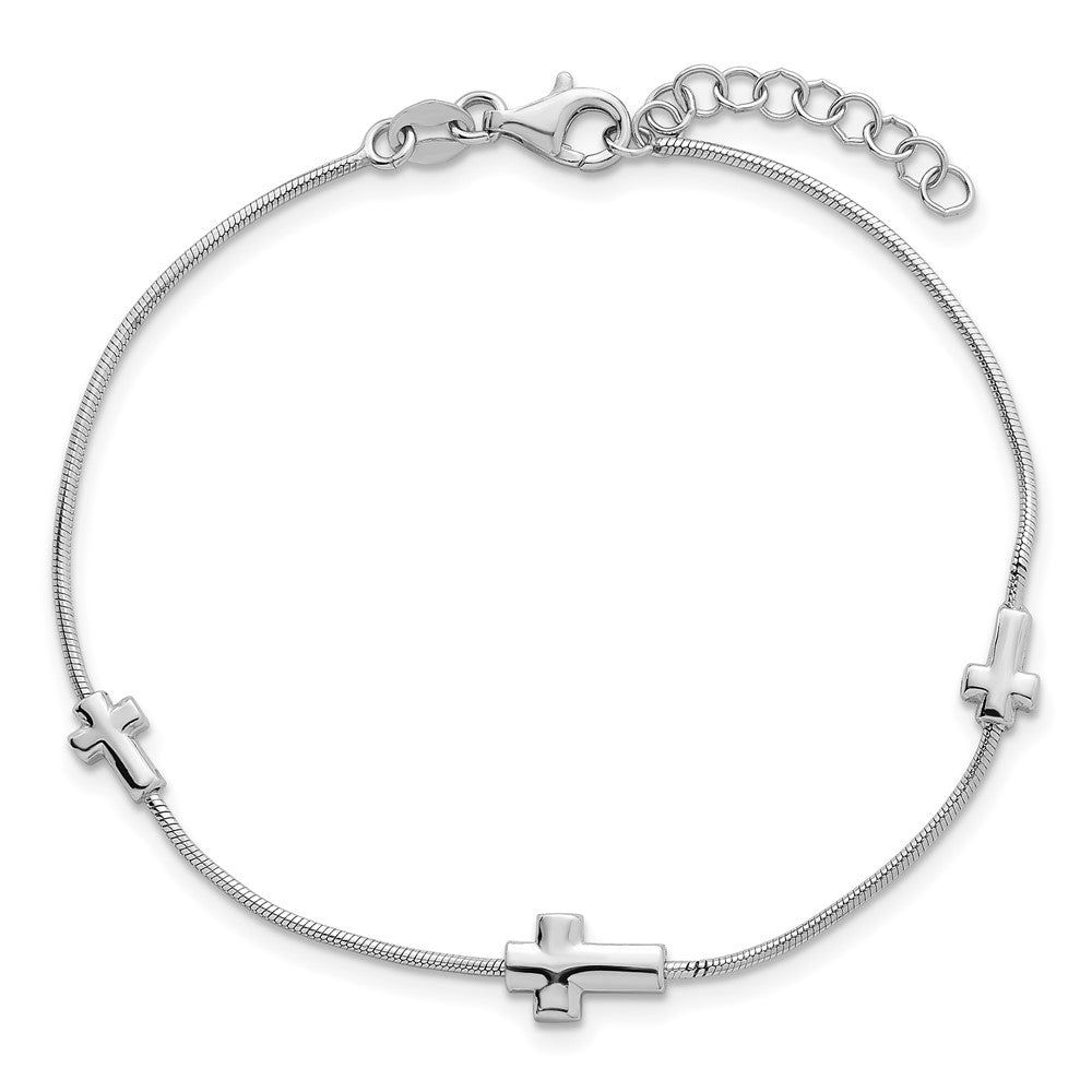 Sterling Silver Rhodium-Plated Crosses 7in w/1in Ext. Bracelet