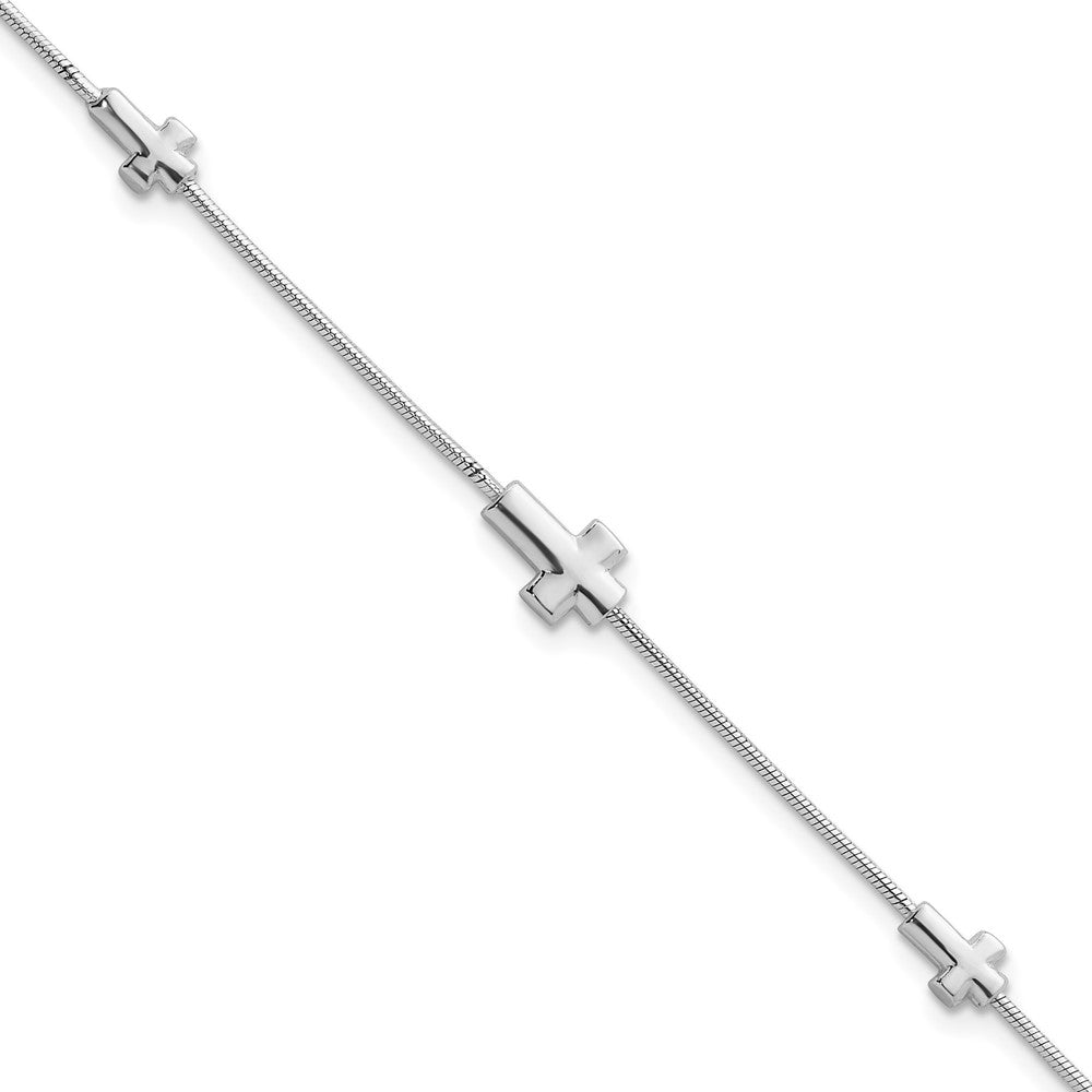 Sterling Silver Rhodium-Plated Crosses 7in w/1in Ext. Bracelet