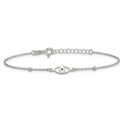 Sterling Silver Polished Black Enamel Evil Eye w/1in Ext Bracelet