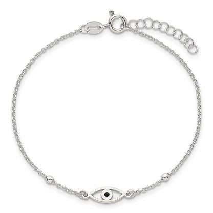 Sterling Silver Polished Black Enamel Evil Eye w/1in Ext Bracelet