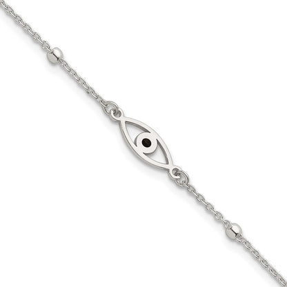 Sterling Silver Polished Black Enamel Evil Eye w/1in Ext Bracelet