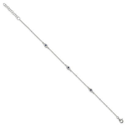 Sterling Silver Polished Blue and White CZ Evil Eye 7in W/ 1in Ext Bracelet
