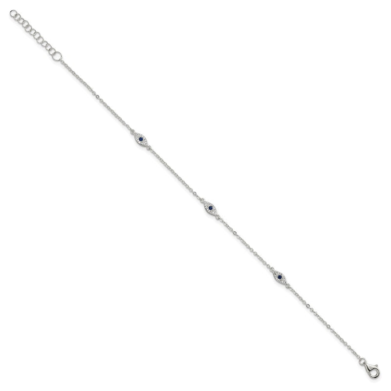 Sterling Silver Polished Blue and White CZ Evil Eye 7in W/ 1in Ext Bracelet