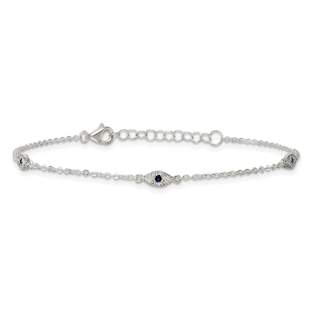 Sterling Silver Polished Blue and White CZ Evil Eye 7in W/ 1in Ext Bracelet