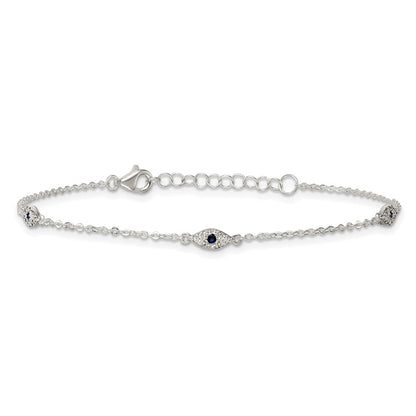 Sterling Silver Polished Blue and White CZ Evil Eye 7in W/ 1in Ext Bracelet